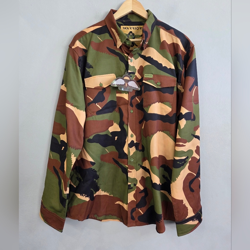 Warrior Camos Button Up Shirt Camouflage Long Sleeve Stretch Men's Size XL